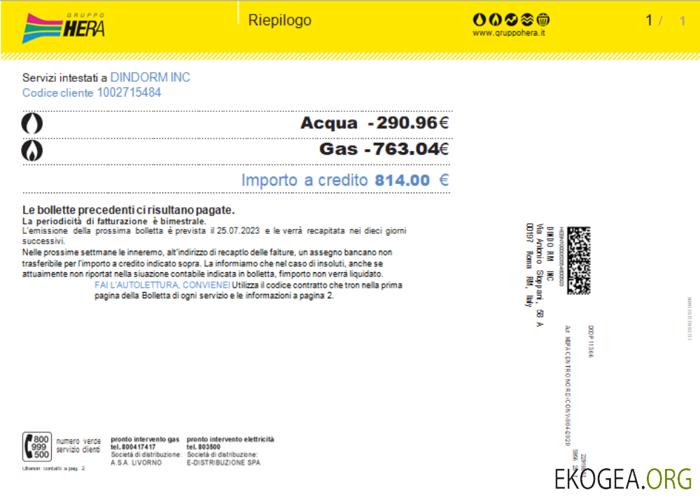 Facture d'entreprise de services publics du Gruppo Hera, SCR